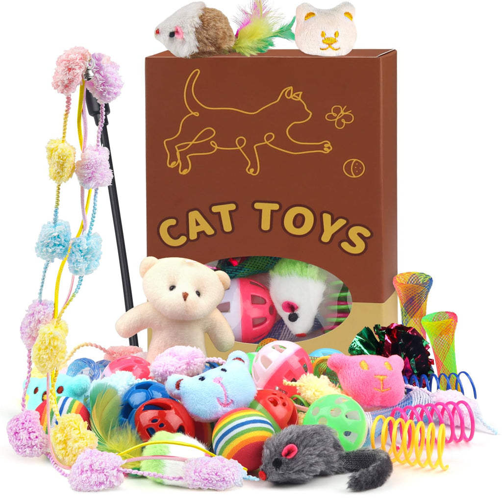 QUOZUO 30 Pcs Cat Toy Kitten Toys Set, Interactive Cat Toy Wand Cat Springs Ball Toy with Bells, Cat Toys for Bored Indoor Cats, Gift Box Styles