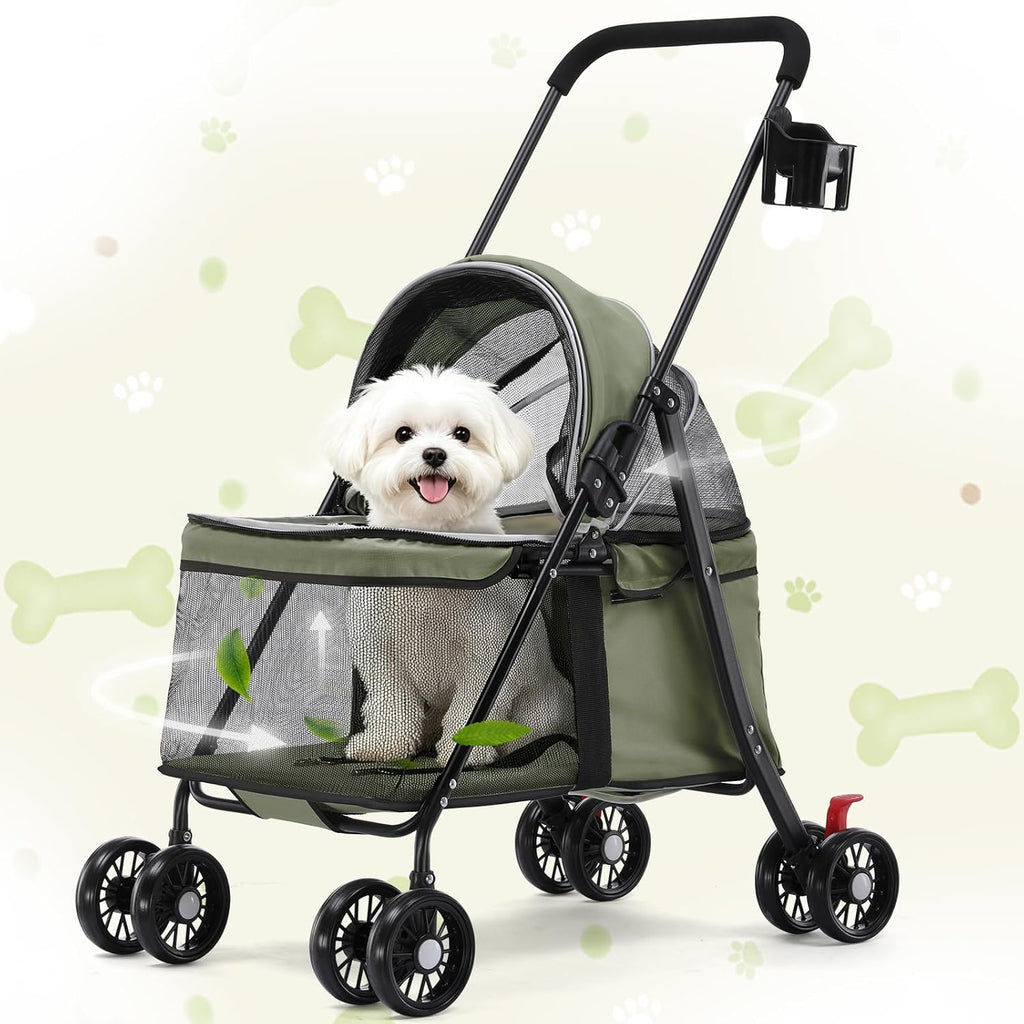 GTPLAYER Foldable Pet Stroller for Small Dogs and Cats, Holds Up to 33 lb, 4-Wheel Stroller, Full Mesh Ultra Breathable,