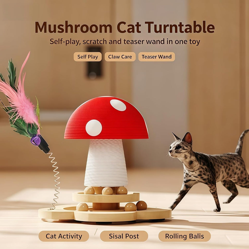 Mushroom Shape, Sisal Scratching Post with Double Layer Turntable & Feather