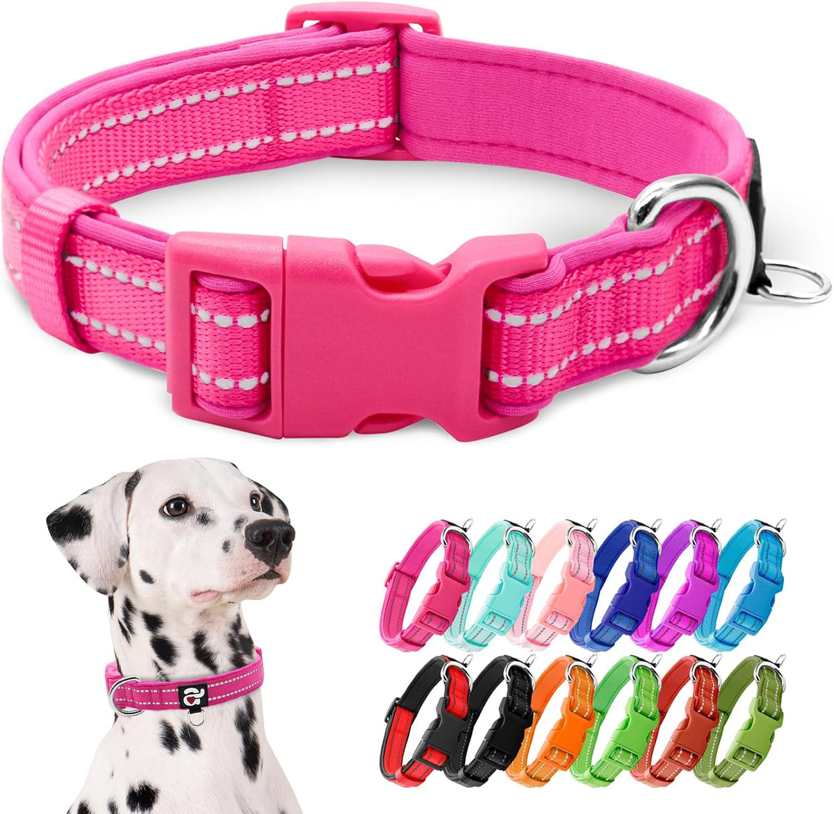 Reflective Dog Collar, Neoprene Padded Small Dog Collar, Hot Pink, S