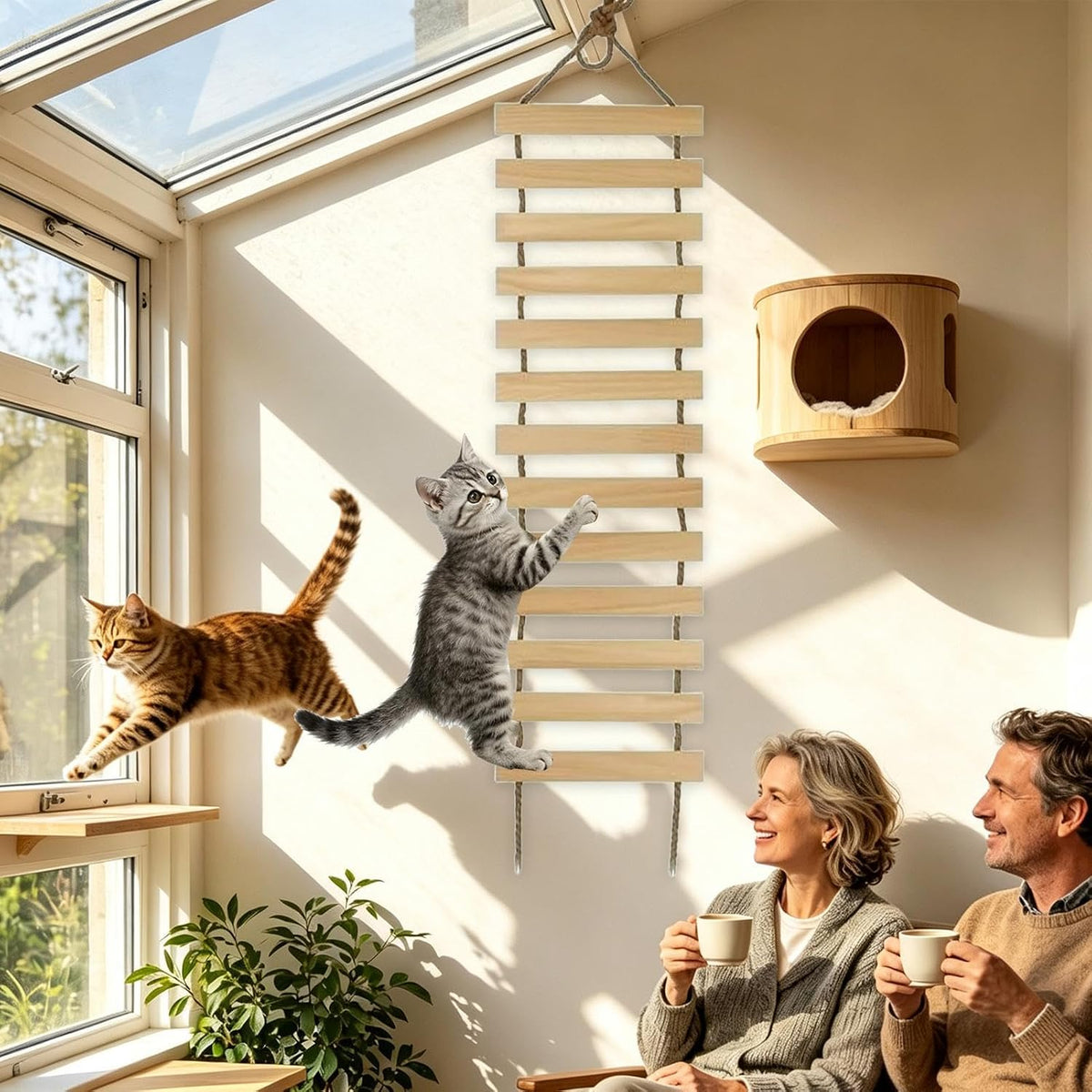 Wall-Mounted Cat Ladder, Wooden Cat Bridge with Multi-Level Steps