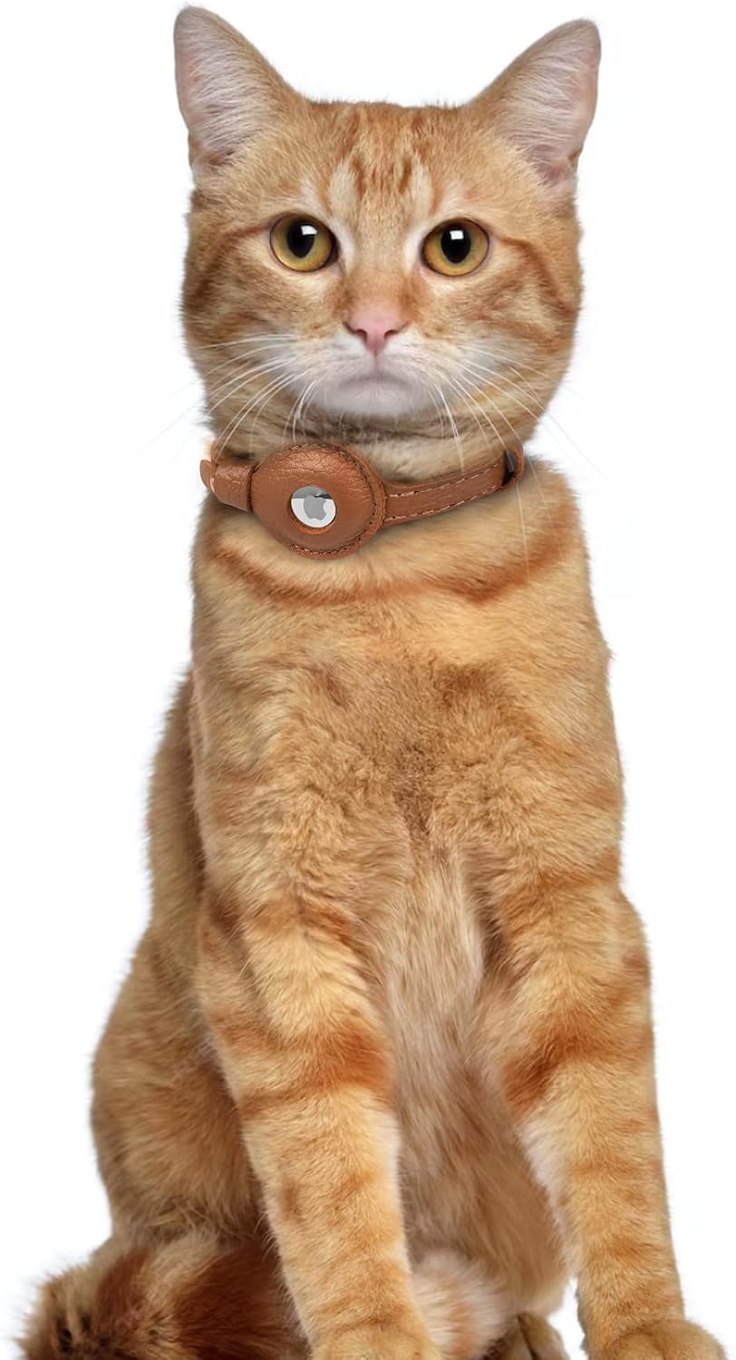 OOPSDOGGY Leather AirTag Cat Collar with Bell - Non Breakaway Kitten Collar with Apple Air Tag Holder - Lightweight GPS 