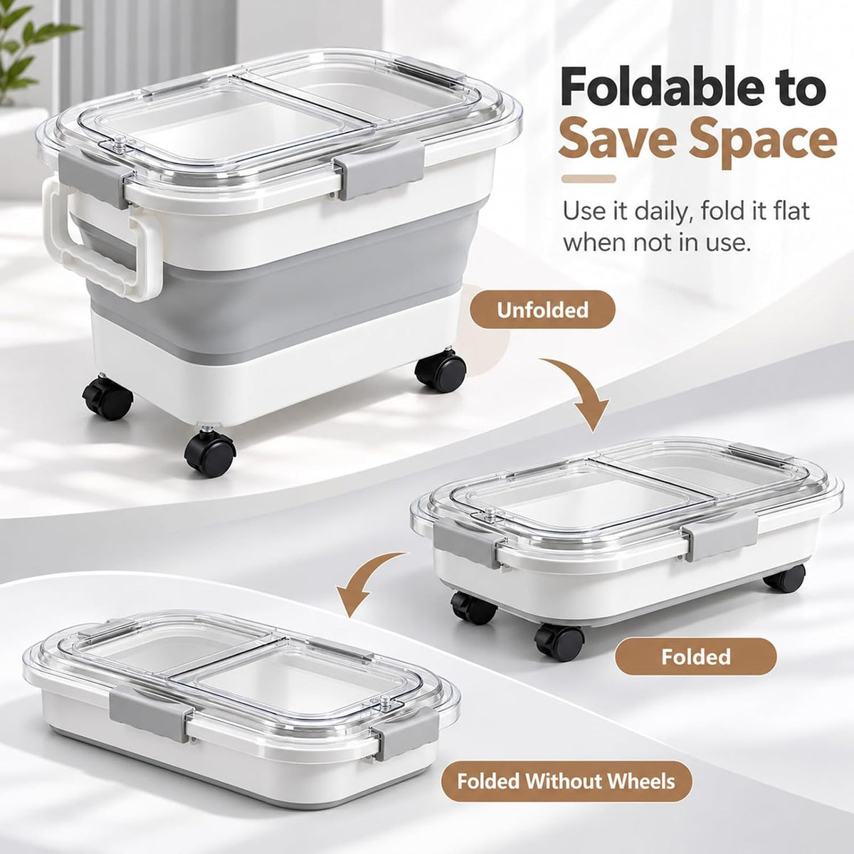 Collapsible Cat Litter Storage Container 30 Lbs with Rolling Casters,Pethiy