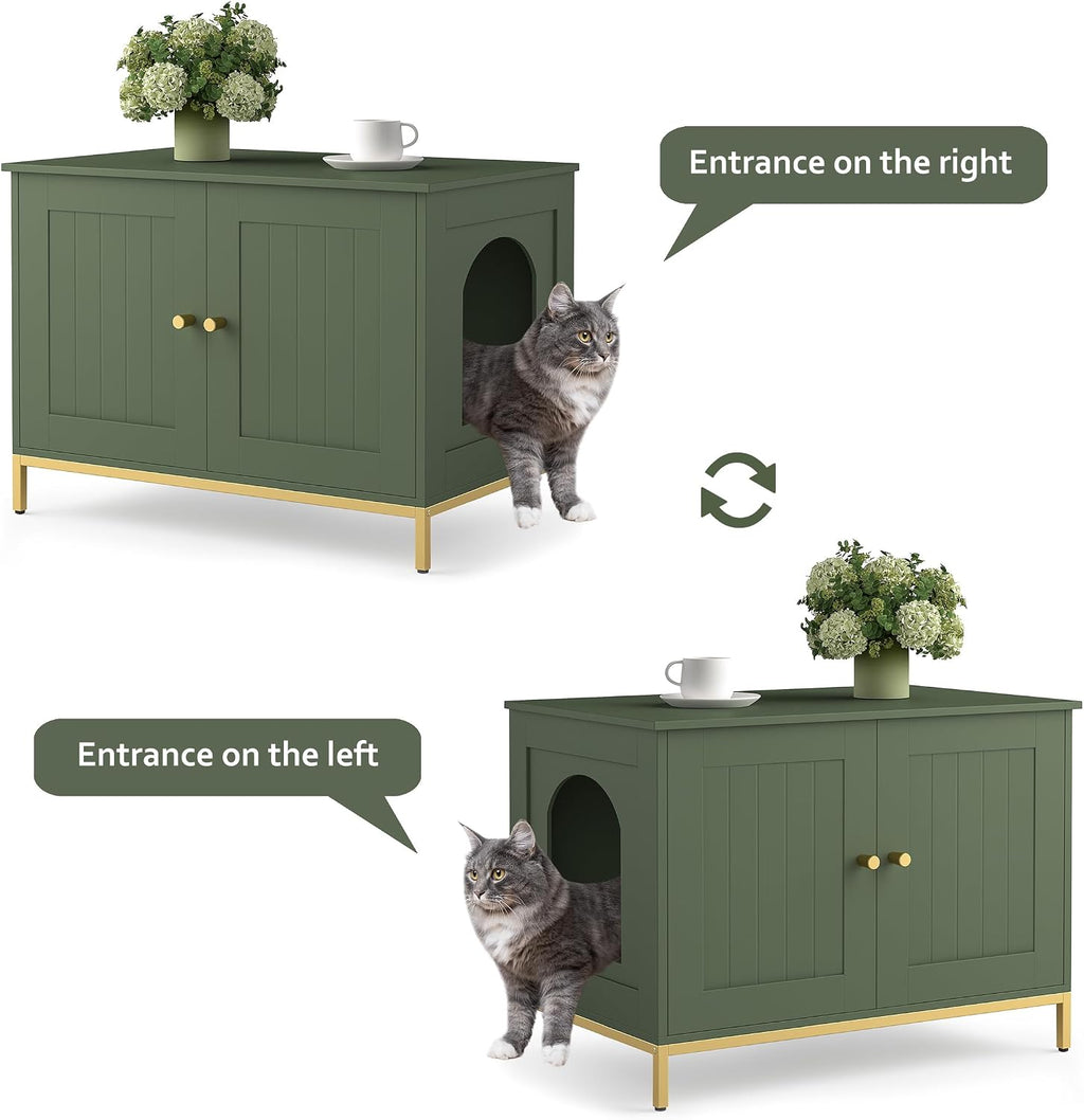 28.3" L Cat Litter Box Enclosure with Metal Frame, Green and Gold