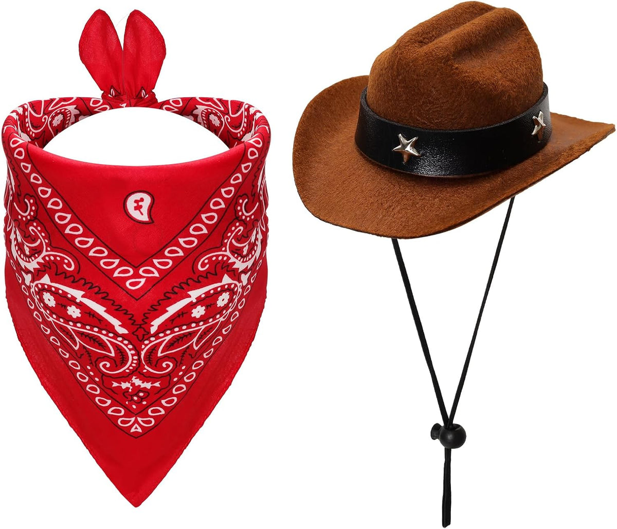 Fumwase Pet Cowboy Costume Hats with Bandana, Pink Hat + Pink, Small