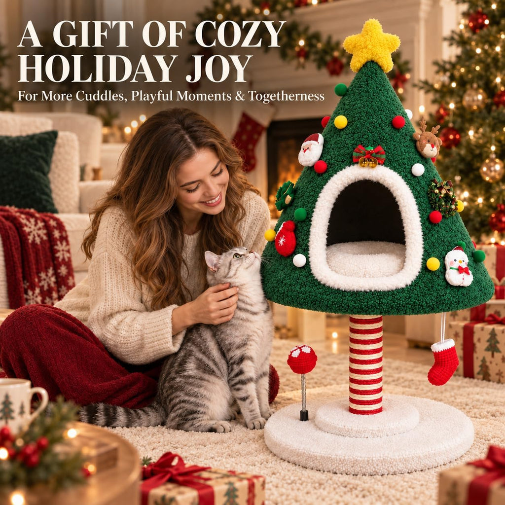 Cat Christmas Tree with Plush Cat Condo and Sisal Scratching Post