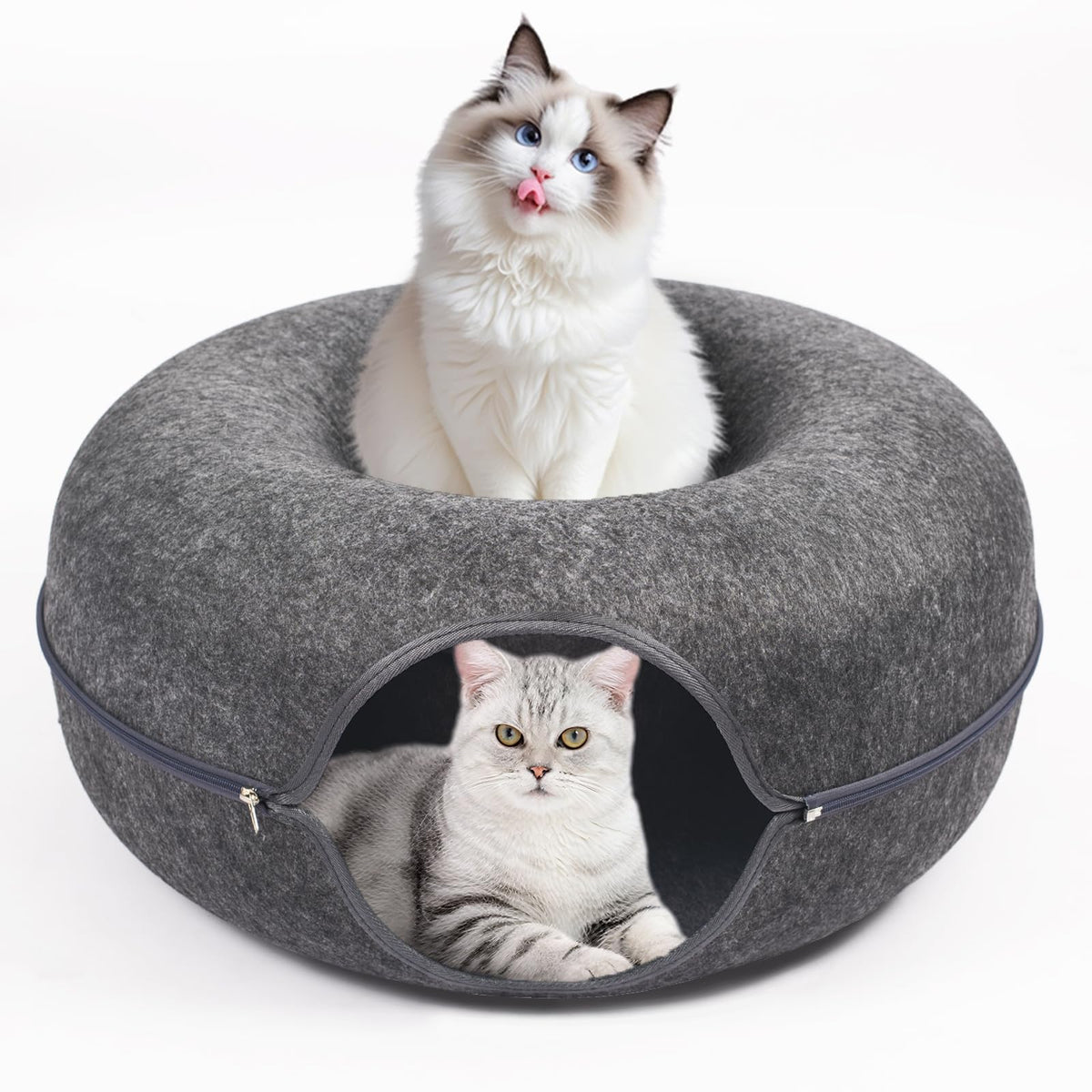 Large Peekaboo Cat Cave Donut Tunnel 24" for Indoor Cats, Dark Grey