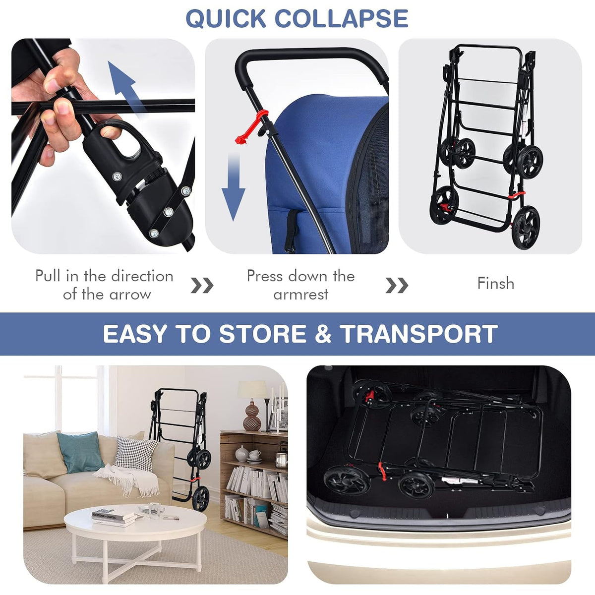 Giantex Double Pet Stroller with 2 Detachable Carrier Bags, Safety Belt, 4 Lockable Wheels, Folding Cat & Dog Stroller f