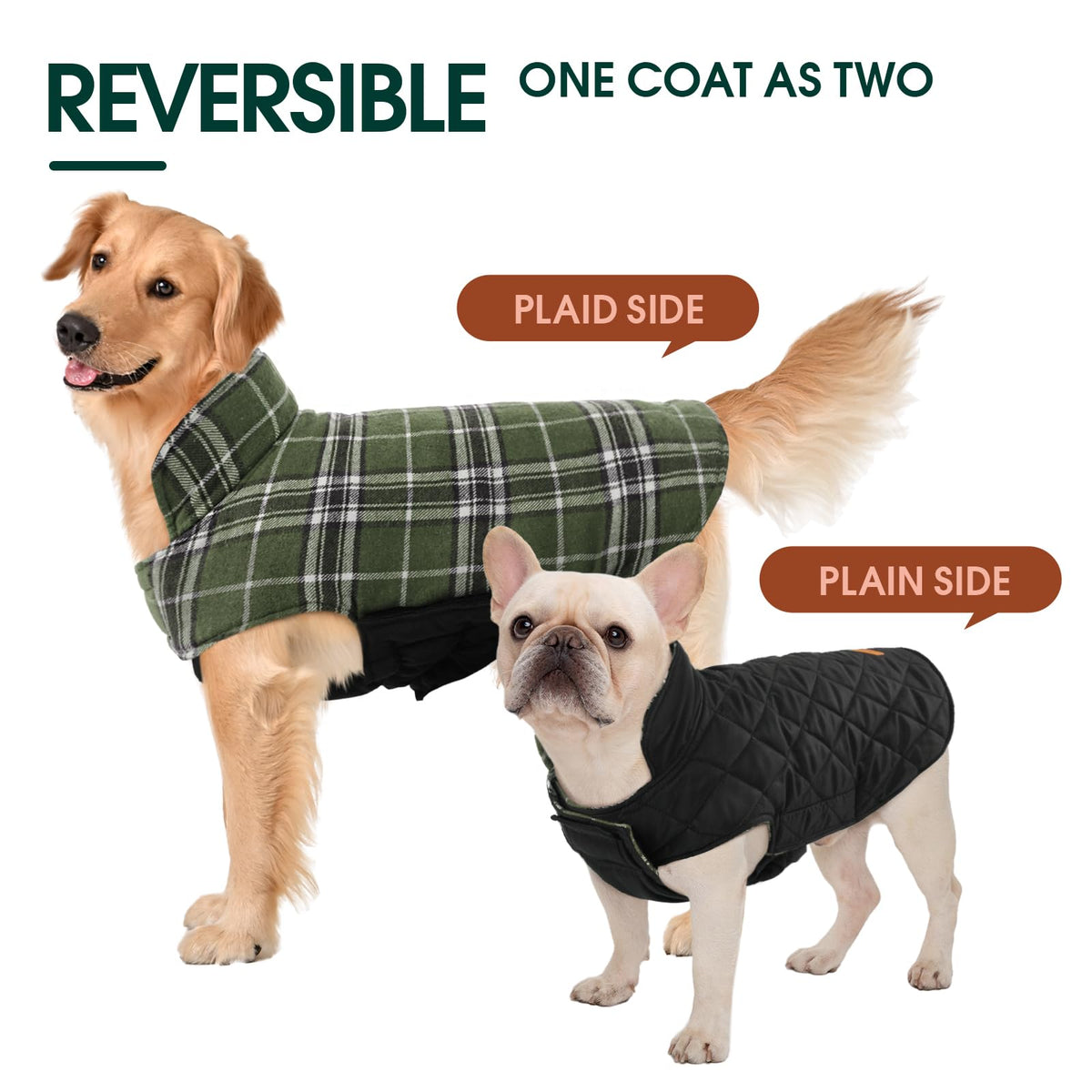 Kuoser Waterproof Dog Coat, Warm Reversible Dog Jacket with Leash Hole
