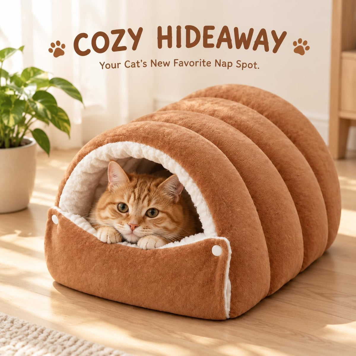 Hooded Cat Cave Bed with Removable Washable Cushion, Warm Plush，Green：M:18.9 x 11.8 x 7.9 inch