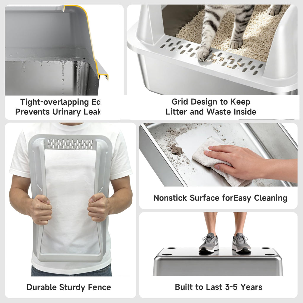 OneBug High-Sided Stainless Steel XL Cat Litter Box for Cats