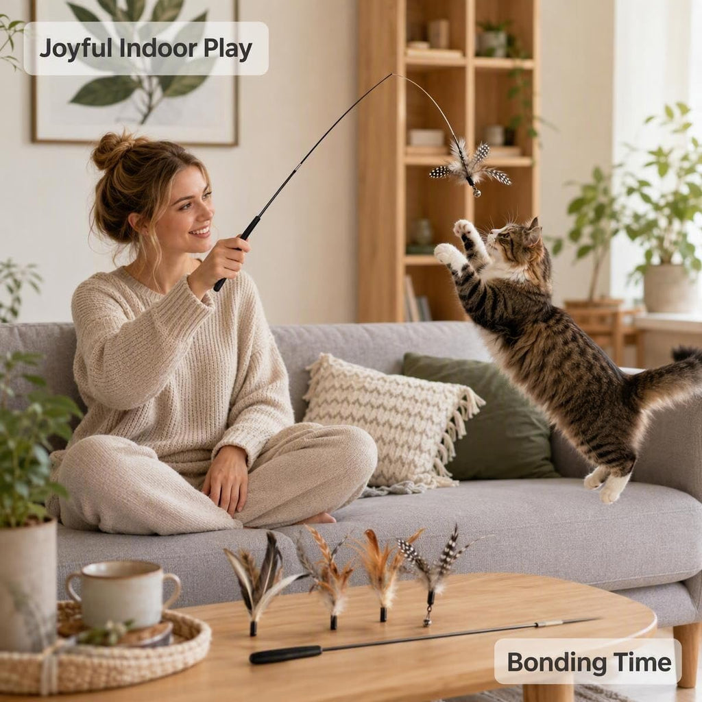 Interactive Cat Feather Wand Toy with 4 Feather Refills