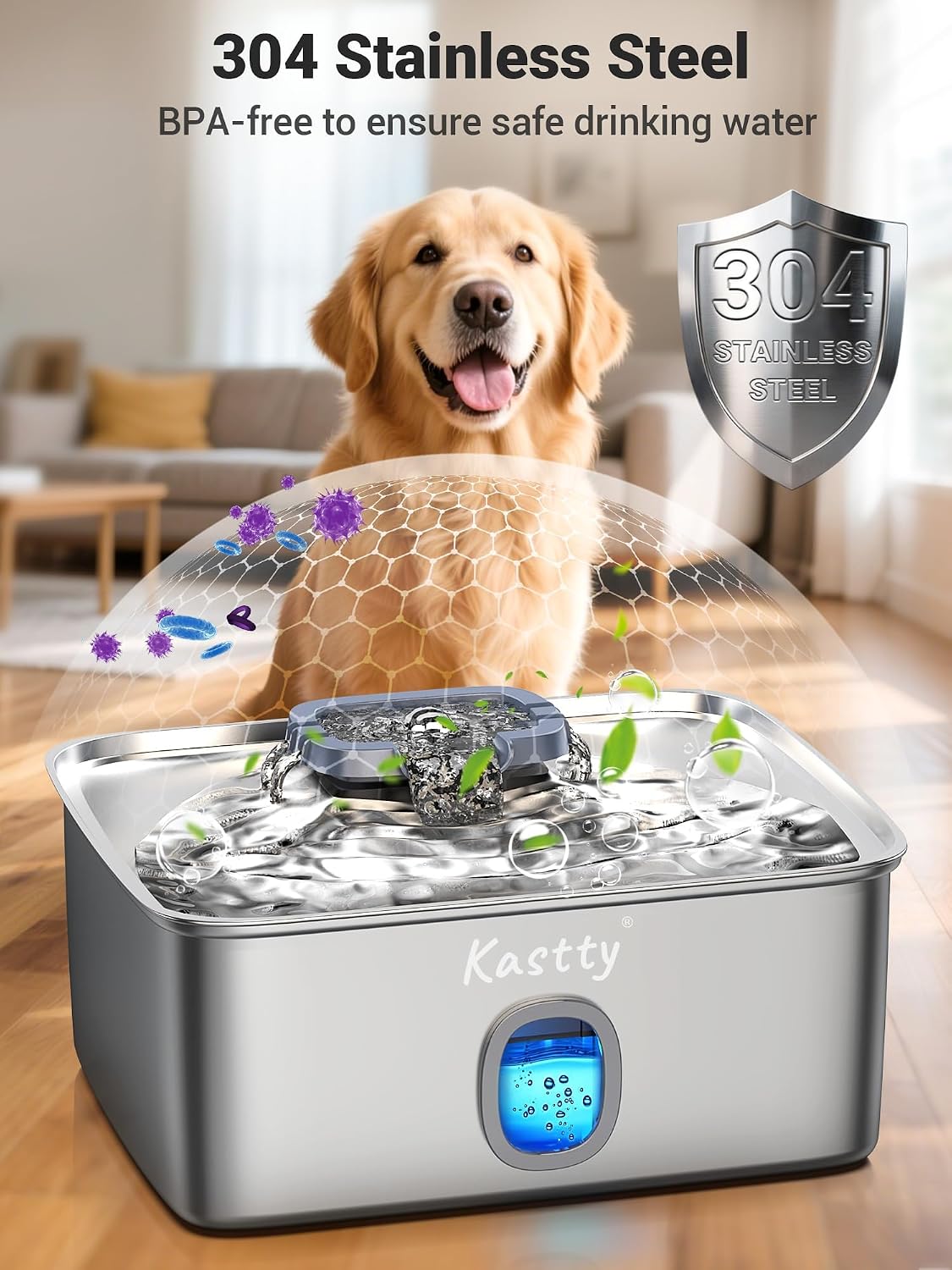 Kastty 4 Gal/15L Stainless Steel Dog Water Fountain for Large Dogs