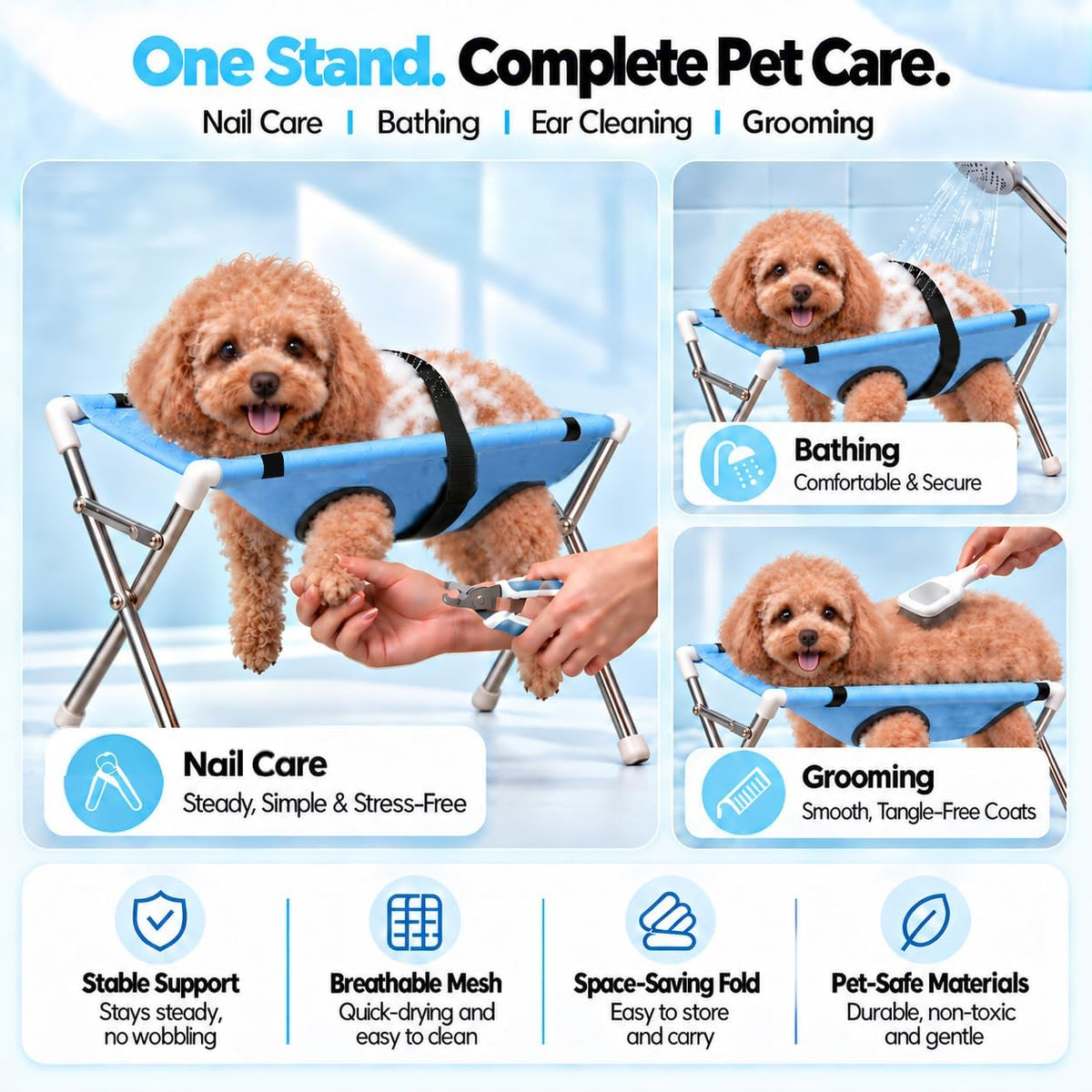 Dog Grooming Hammock Stand, Foldable Bath Sling Holder for Dogs Cats(Blue)