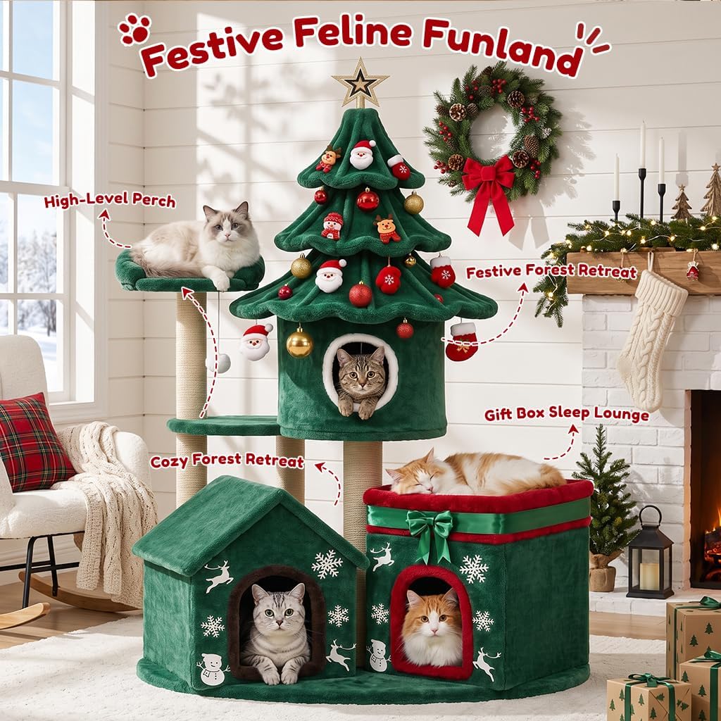 LUCKLIFE 63" Christmas Cat Tree Multi-Level Cat Condo Tower
