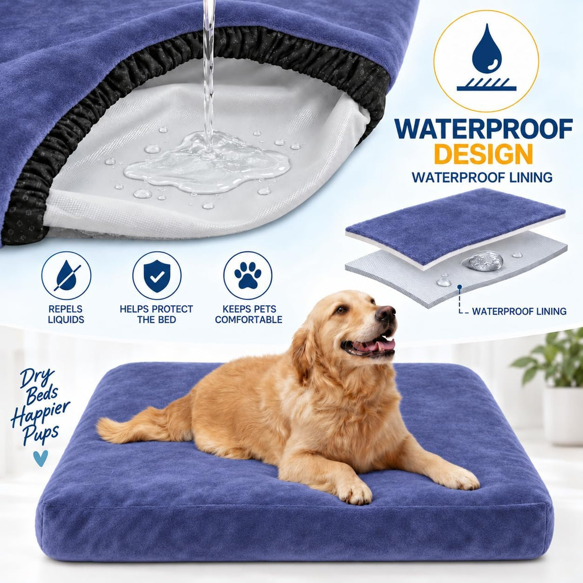 Waterproof Dog Bed Cover Replacement, Luxury Faux Fur Calming Pet Bed Cover with Fitted Sheet Design, Anti-Slip Bottom &