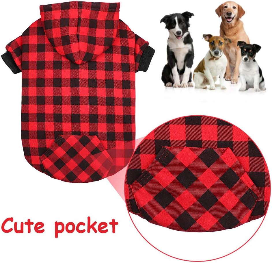 Red Plaid Dog Hoodie Sweater for Dogs Pet Clothes with Hat and Pocket（XL）