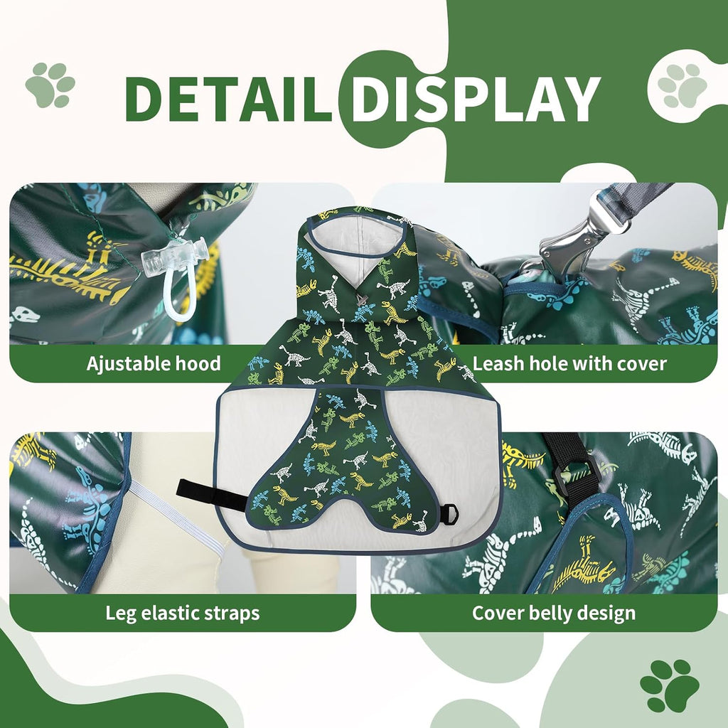 Dog Raincoat,Dog Rain Jacket Poncho with Hood and Leash Hole(Dinosaur,L)