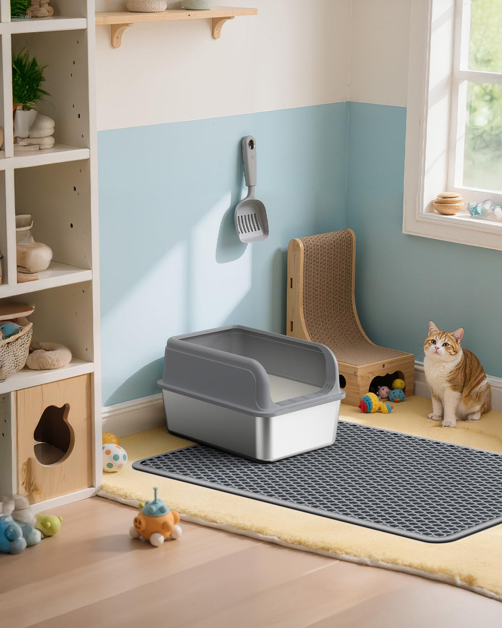 Powools Cat Litter Mat, 23.2 x 14.6 in, Waterproof, Non-Slip, Grey