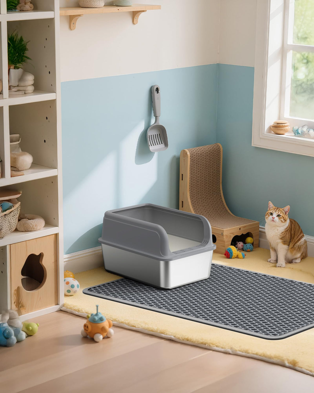 Powools Cat Litter Mat, 23.2 x 14.6 in, Waterproof, Non-Slip, Grey