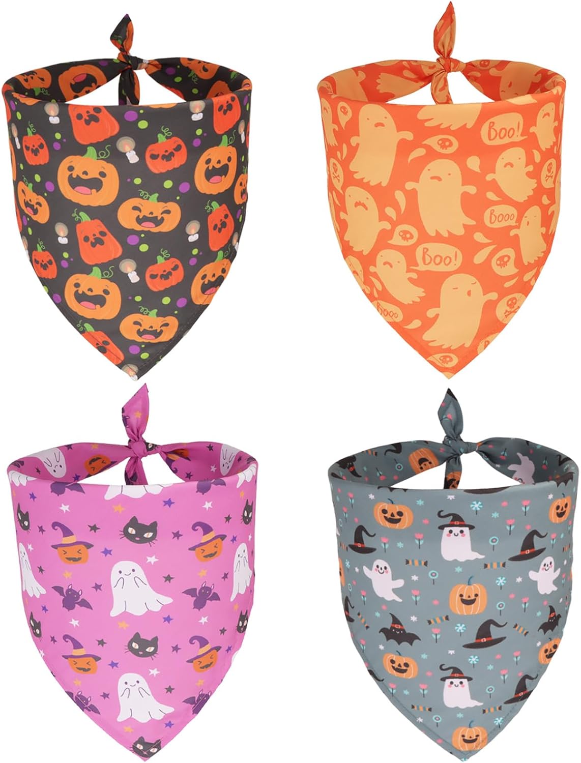 PTDECOR 4 Pack Halloween Dog Bandanas Pumpkin Ghost Bow Fall Scarf, Large