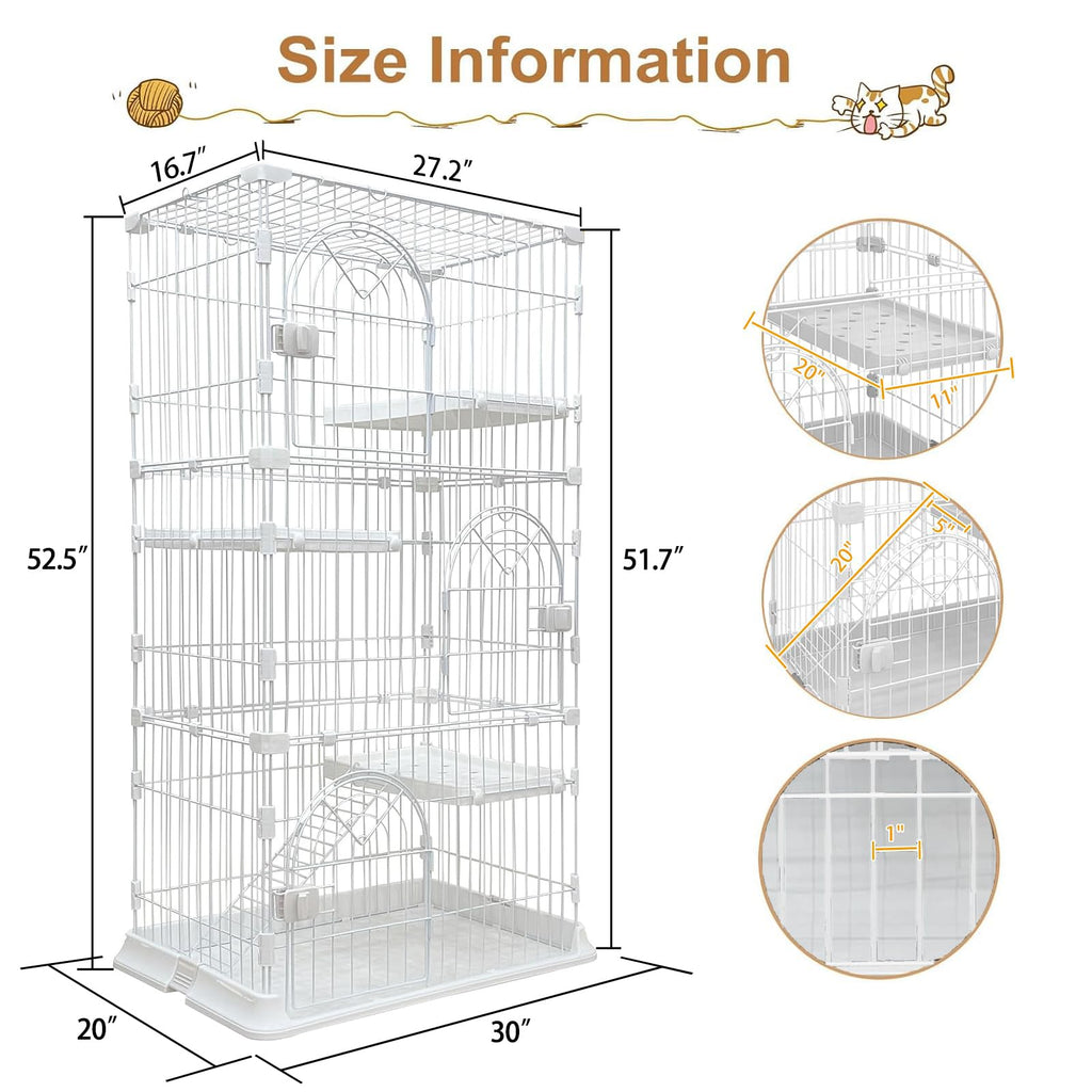 JaxShark Cat Cage for Indoor Cats, DlY Catio & Cat Playpen with Escape-Proof Spacing, Sturdy Metal Cat Crate Kennel for Kittens, Ferrets & Small Animals (White, 3-Tier 52.5")