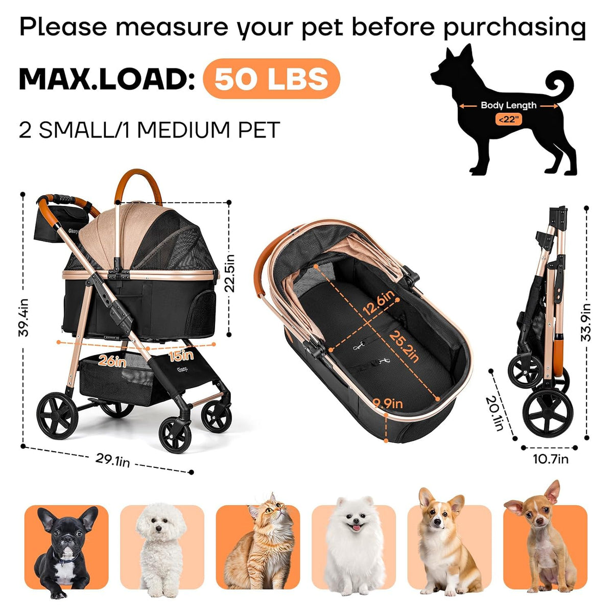 Dog Cat Stroller for Small/Medium Pets, 50 lbs, 3-in-1 Pet Stroller, Khaki