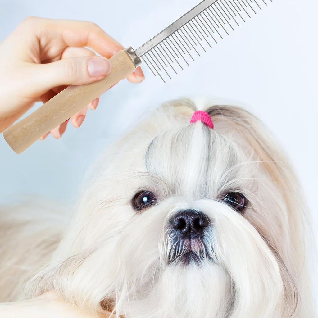 Dog Cat Grooming Comb, Stainless Steel Teeth, Wooden Handle, Fine Tooth