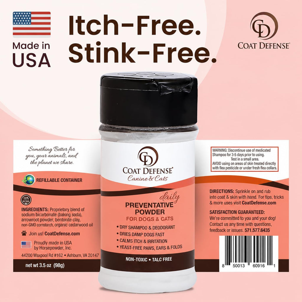 COAT DEFENSE Daily Preventative Powder | Made in USA | 3.5oz Waterless Dog Shampoo & Pet Deodorizer for Smelly Dogs | Pr