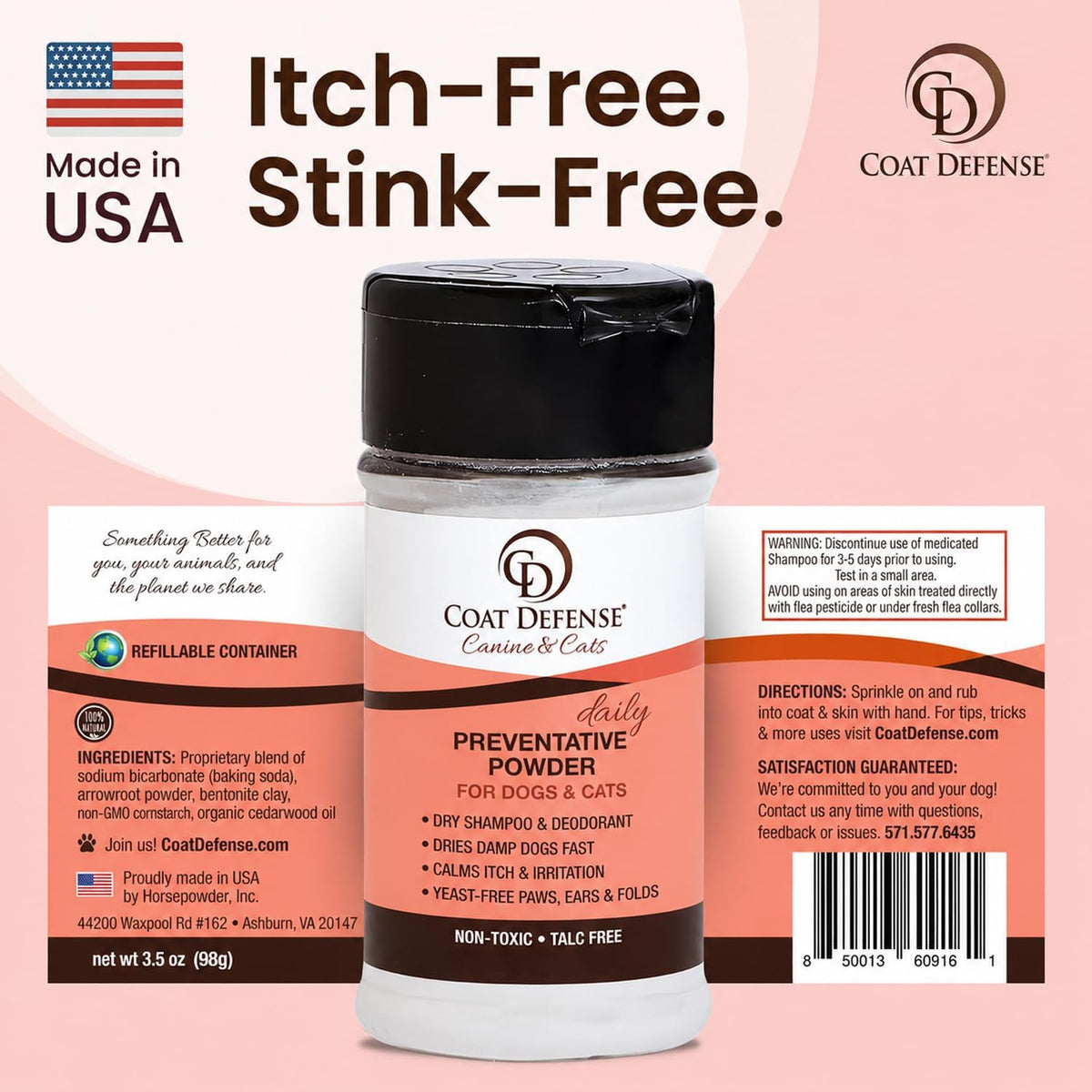 COAT DEFENSE Daily Preventative Powder | Made in USA | 3.5oz Waterless Dog Shampoo & Pet Deodorizer for Smelly Dogs | Pr