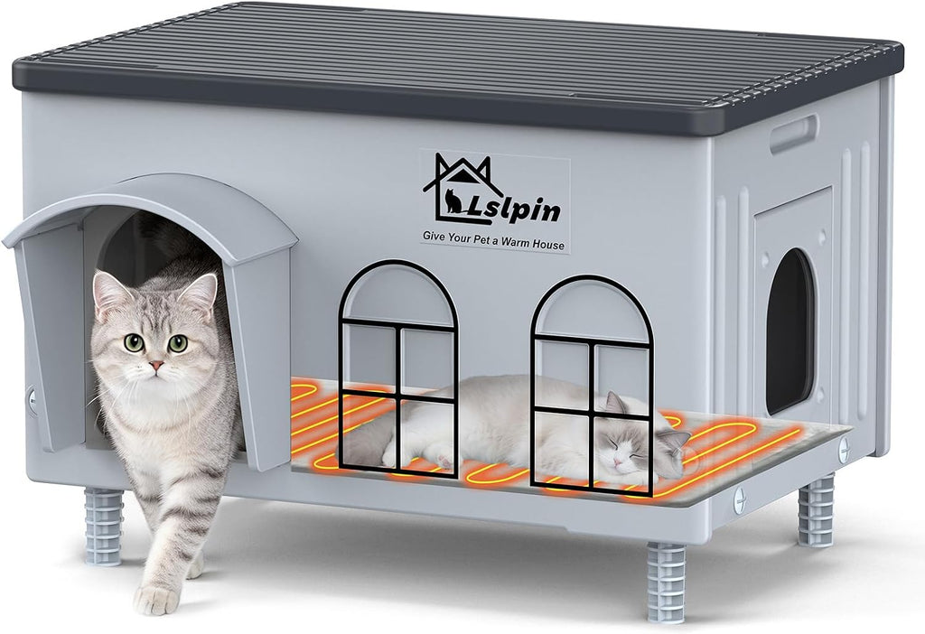 Indestructible Heated Cat House for Outside Cats Winter,Weatherproof & Insulated & Elevated Feral Cat House with Escape 