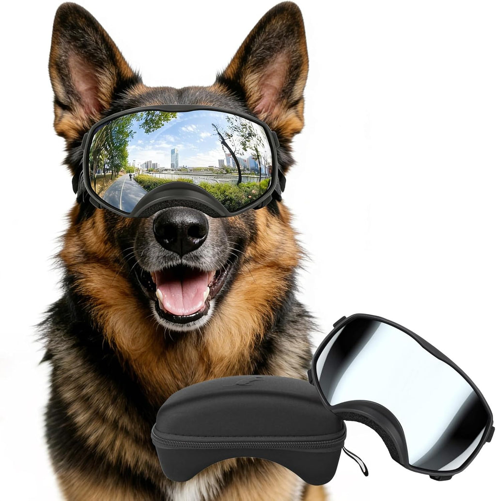 Dog Sunglasses UV Protection Clear Dog Goggles Windproof Glasses with Elastic Straps for Medium-Large Breed, Black Frame