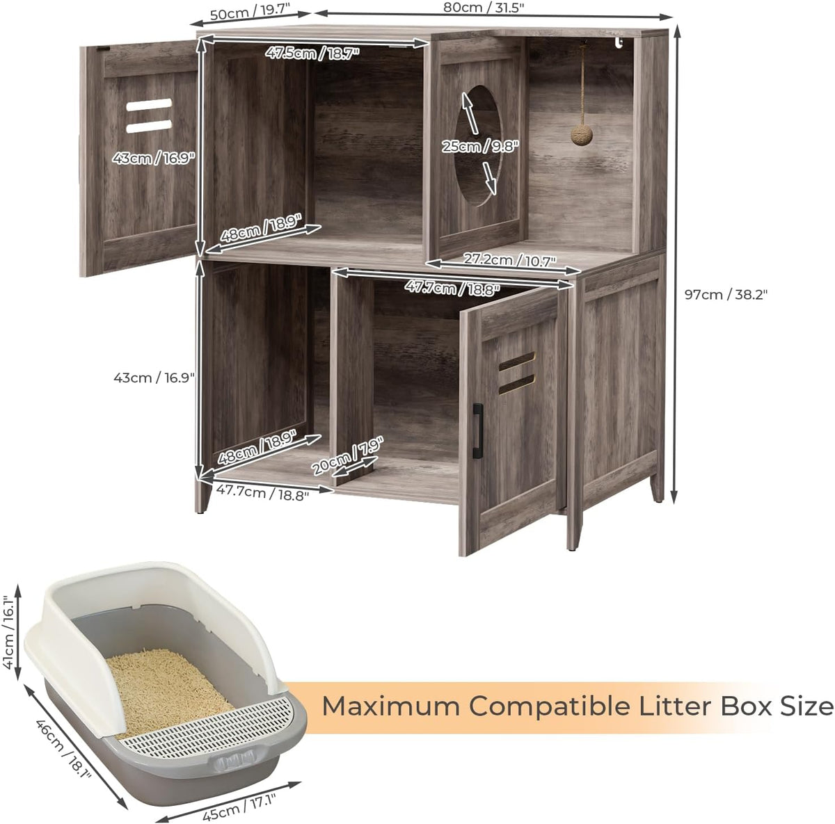 Wooden Cat Litter Box Enclosure Furniture, Double‑Tier Hidden Cat Litter Cabinet with Sisal Hanging Ball & Ventilation H