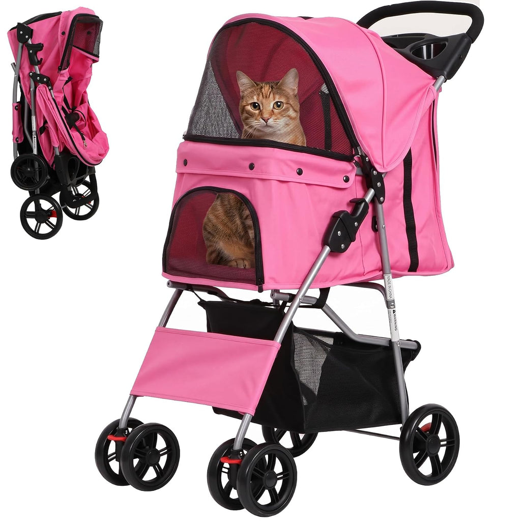 4 Wheels Pet Stroller Dog Cat Stroller for Small Medium Dog Cats Foldable Carrier Jogger Travel Puppy with Storage Baske