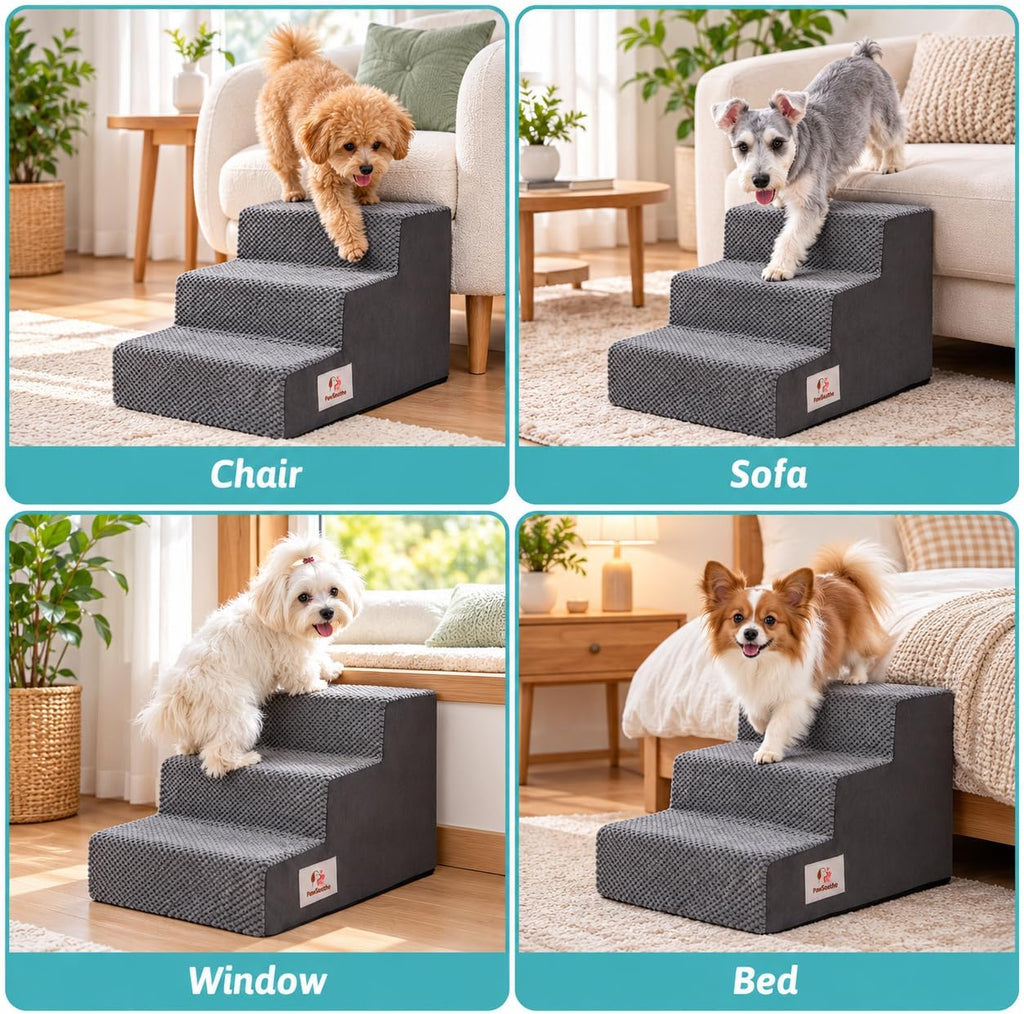 3-Step Dog Stairs, Square Foam Pet Steps for Bed and Couch, Grey