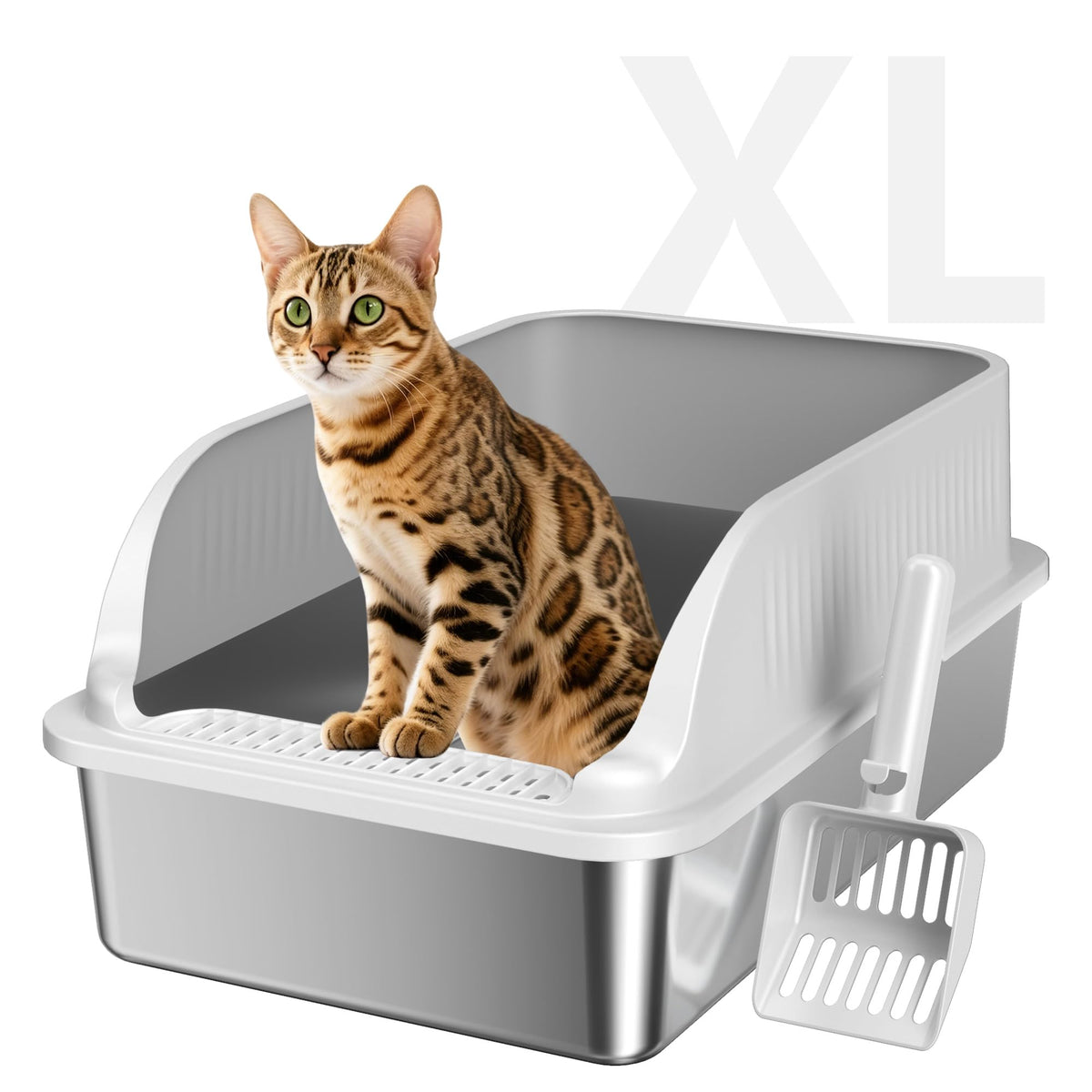 KISENG Stainless Steel Cat Litter Box, XL High Sides Litter Box, Light Grey