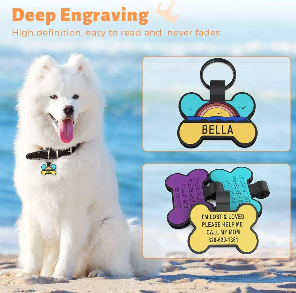 Silent Dog Tag, Personalized Engraved Silicone Pet ID Tag, Bone