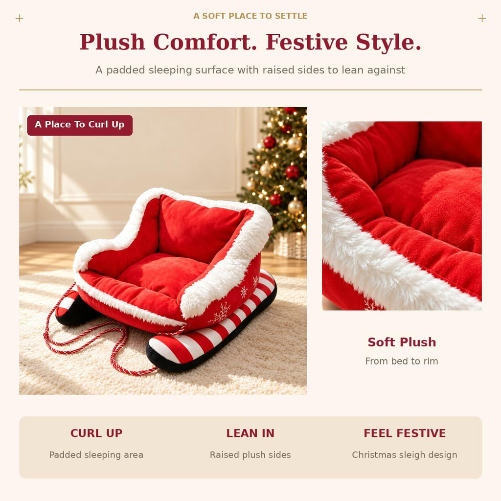 Christmas Dog Bed, Plush Santa Sleigh Sofa for Cats