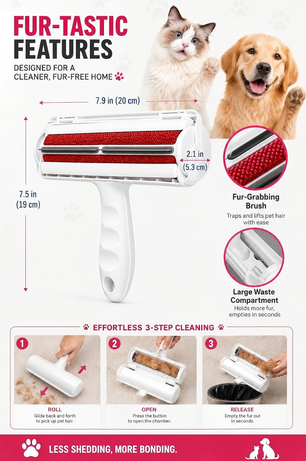Reusable Pet Hair Remover Roller for Dog & Cat Hair, Self Cleaning, White
