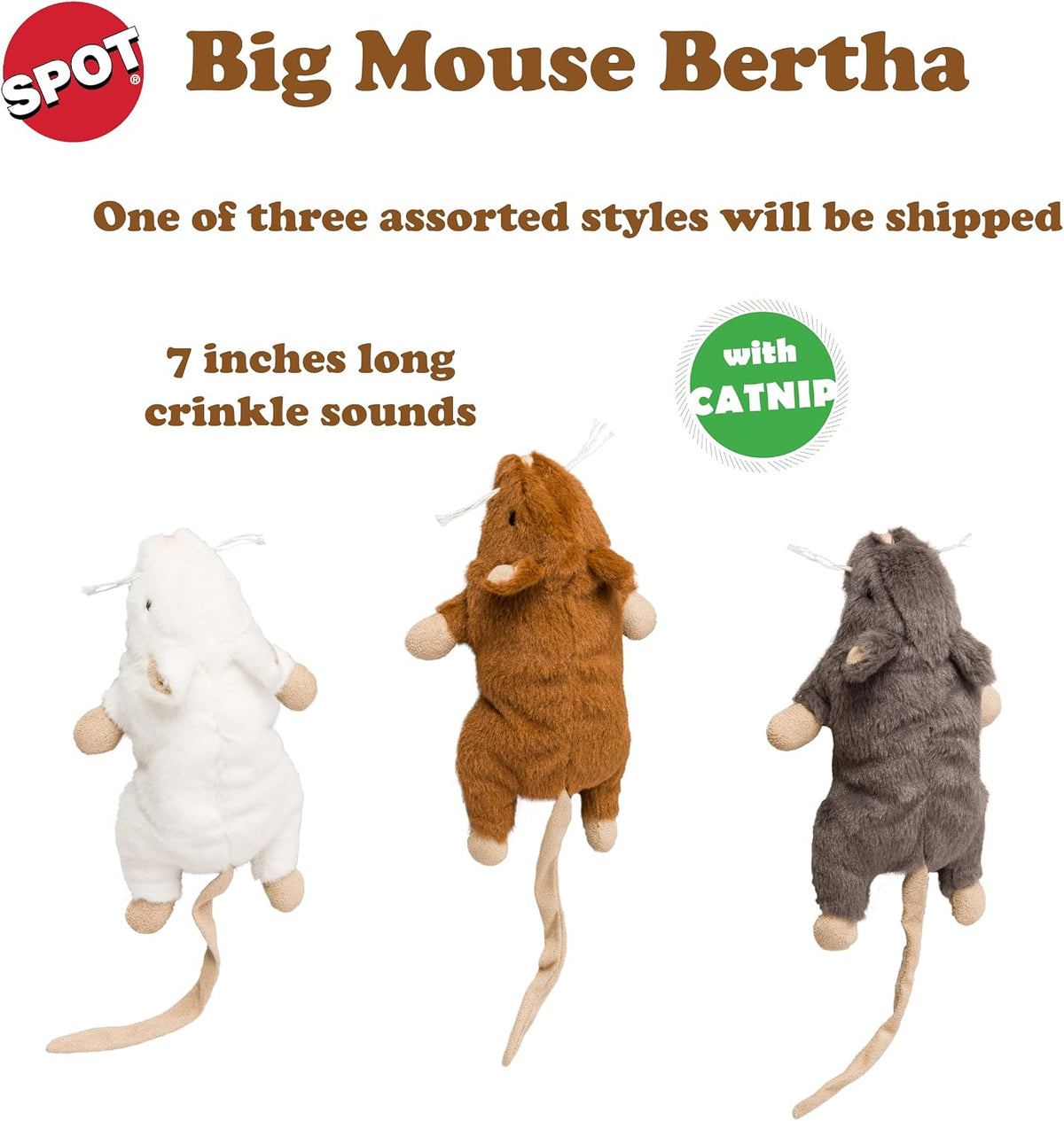 SPOT Big Mouse Bertha Cat Toy with Catnip – Lifelike Plush Mouse, Crinkle Sound, Large 7in Size, for Cuddling, Chasing, 