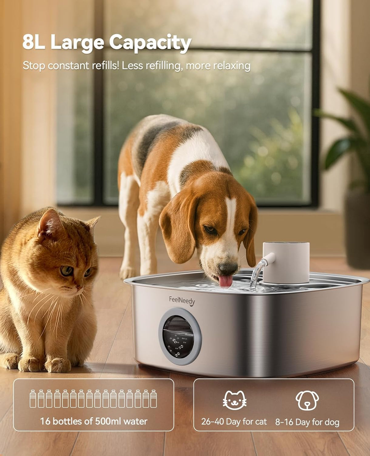 Cordless Wider Tray Dog Water Fountain, 5000mAh Battery Operated Dog Water Bowl Dispenser with 3 Motion Sensor, FEELNEED