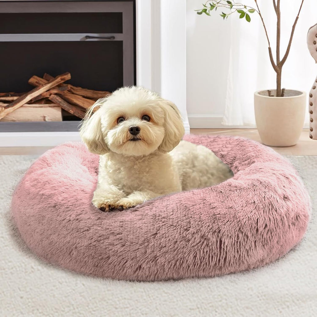 JOLLYVOGUE Calming Dog Bed Medium Size Dog, Anti-Anxiety Donut Medium Pet Bed, 27 inches Fluffy Faux Fur Round Cat Bed (