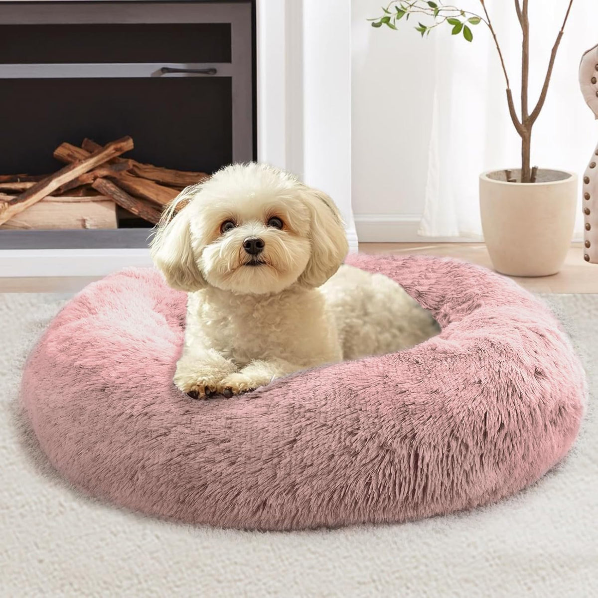 JOLLYVOGUE Calming Dog Bed Medium Size Dog, Anti-Anxiety Donut Medium Pet Bed, 27 inches Fluffy Faux Fur Round Cat Bed (