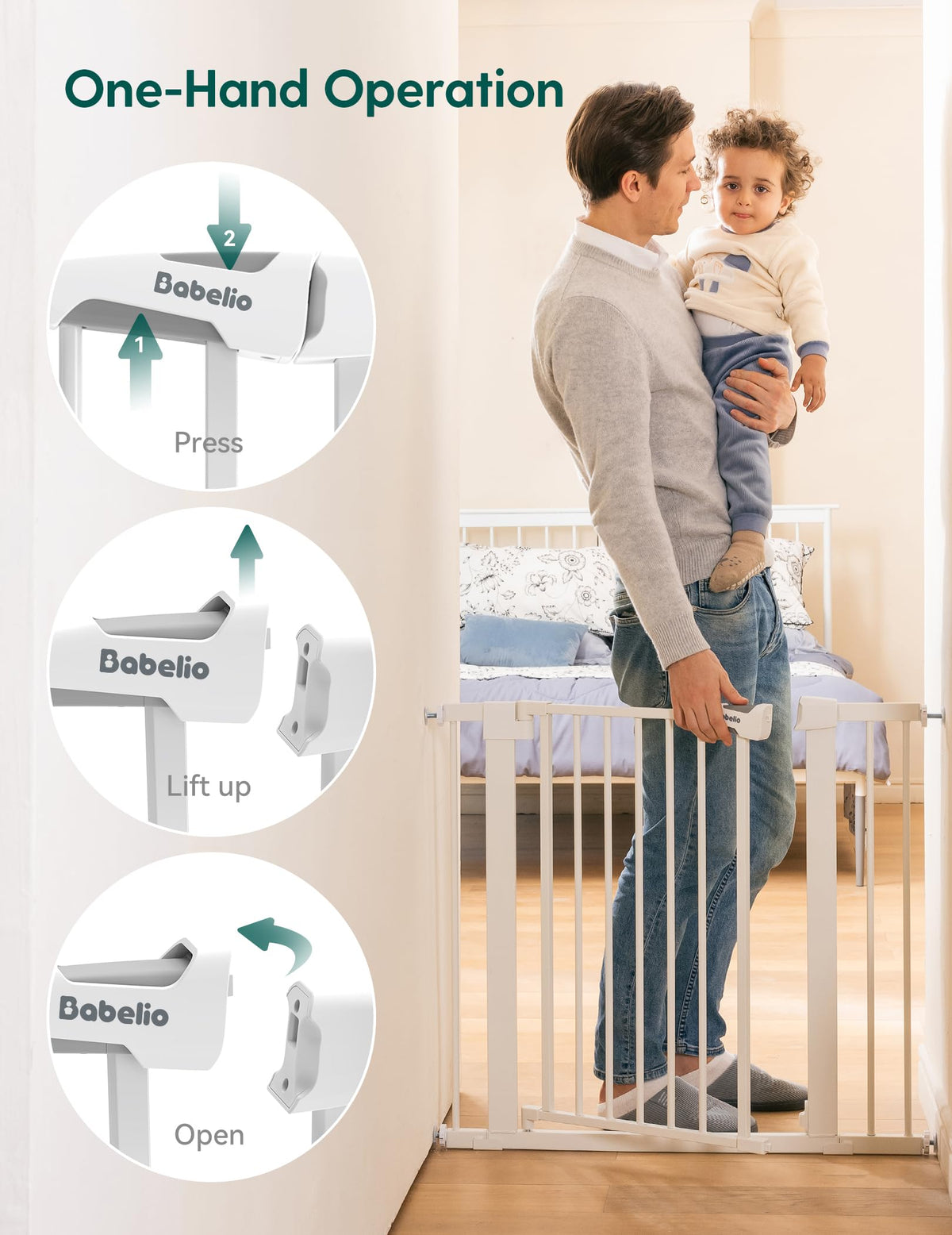 Babelio 29-55" Extra Wide Baby Gate with Door, PressGuard P7, White