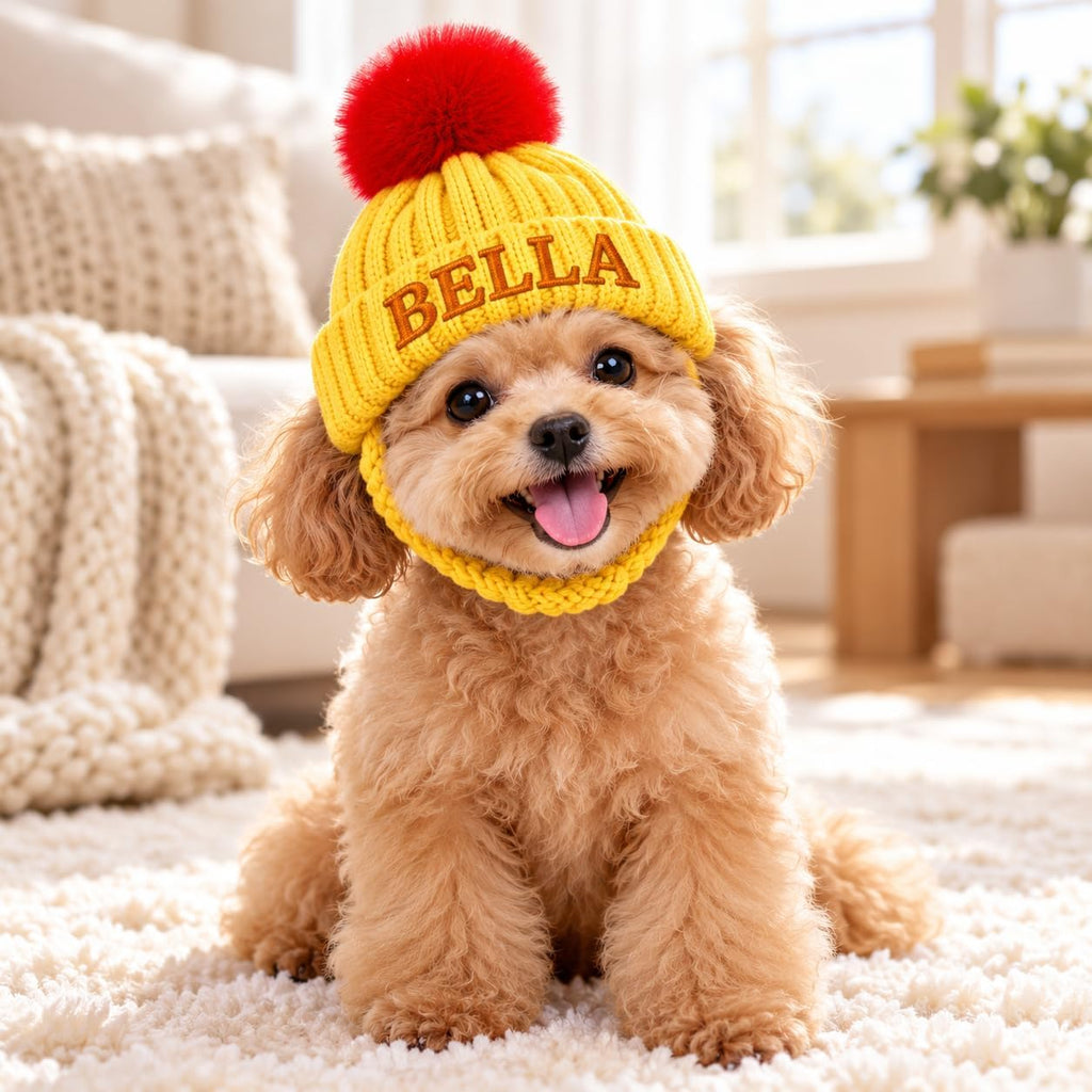 Personalized Dog Winter Hat with Ear Holes Pet Beanie with Embroidered Name