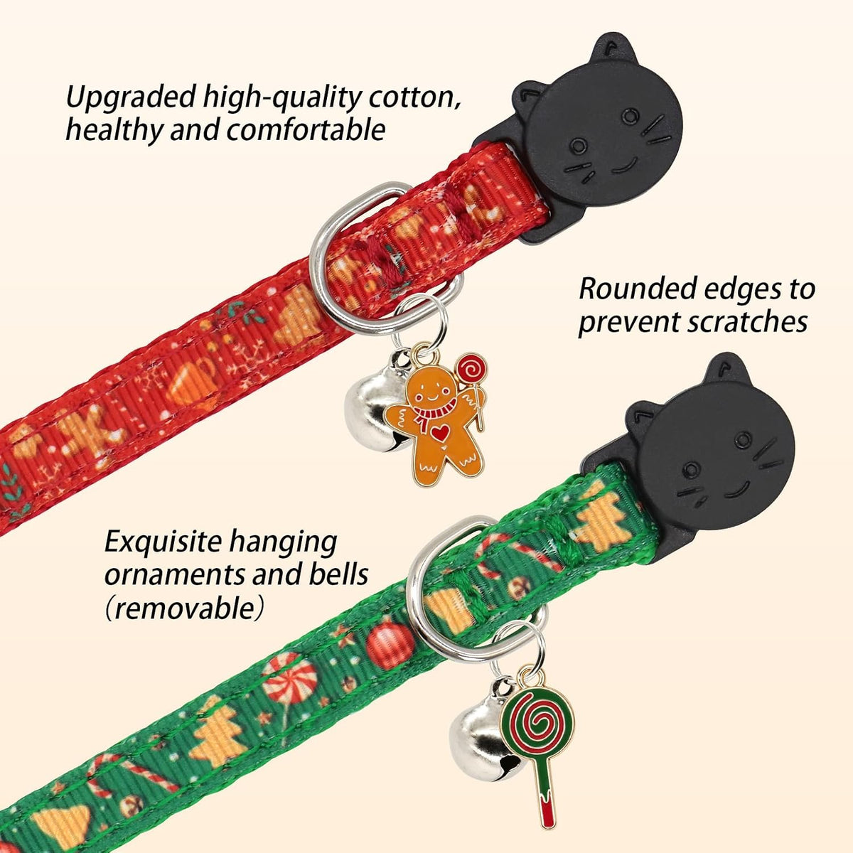 Christmas Cat Collar, 2 Pack Nylon Breakaway Cat Collar with Bells, Xmas