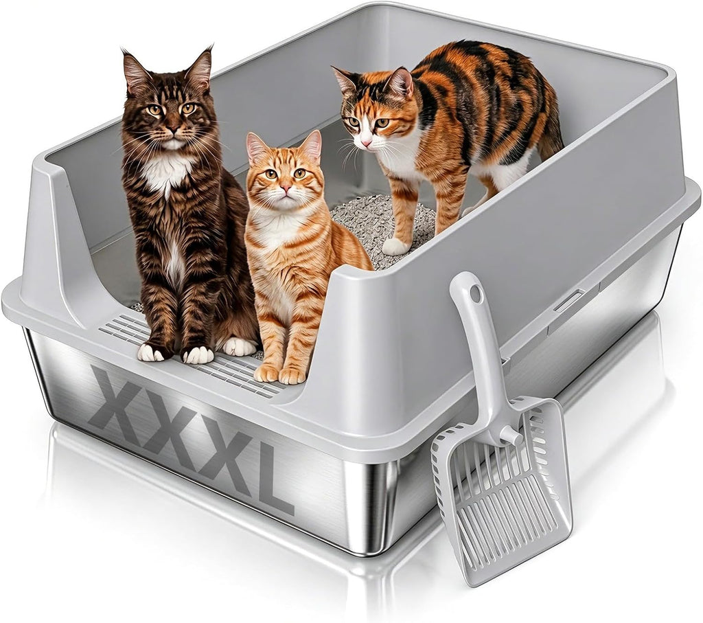 Stainless Steel Cat Litter Box, Extra Large XL Metal LitterBox, Light Grey