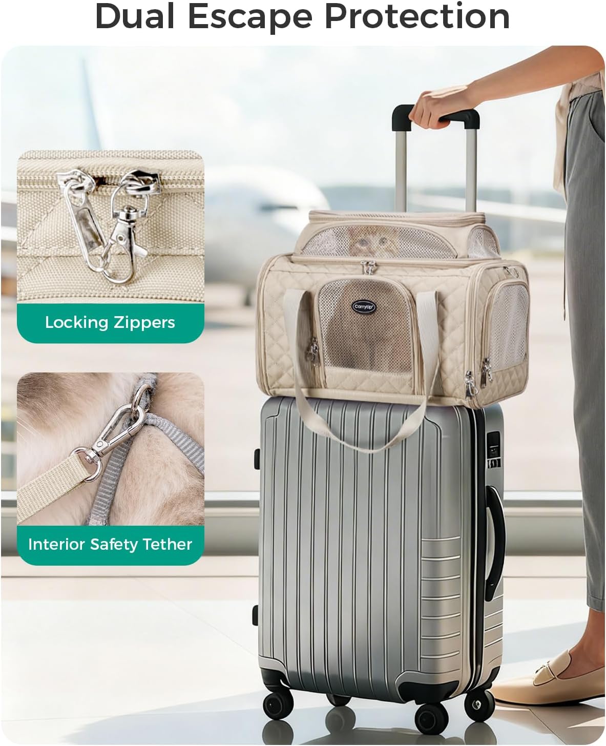 Airline Approved Cat Carrier with Expandable Top, 17x11x9.5in, Ivory White‌