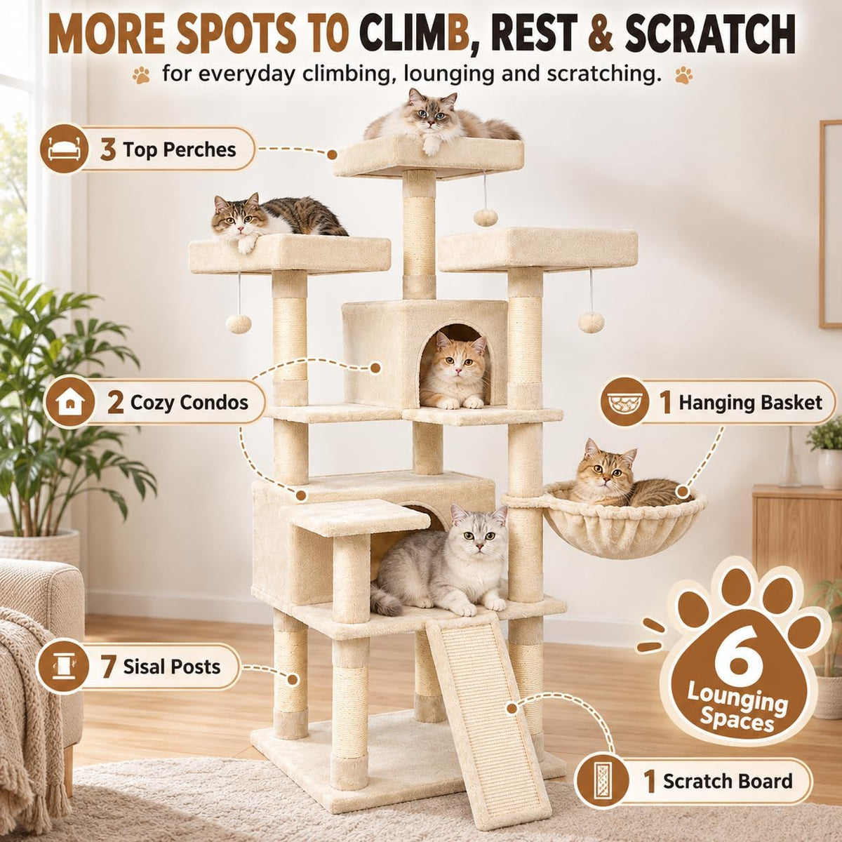 66" Tall Cat Tree Tower with Scratch Board, 3 Perches, Beige