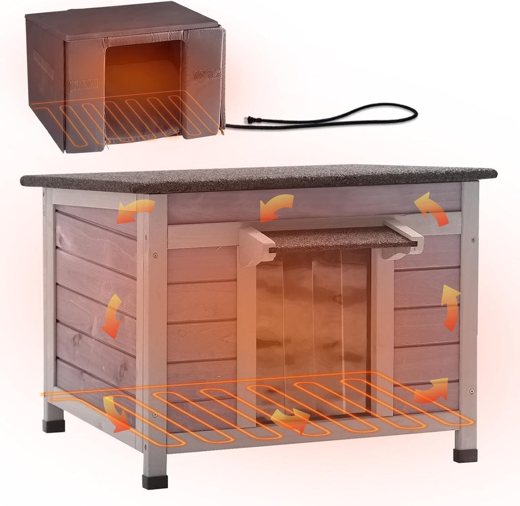 Heated Outdoor Insulated Dog House with Heating Pad and 6-Sided Insulation for Small Dogs and Feral Cats, Keeps Pets Coz